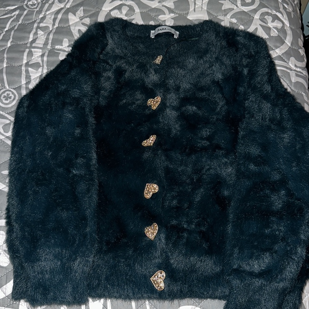 Zara: Teal Faux-Fur Cardigan with Gold Heart Buttons